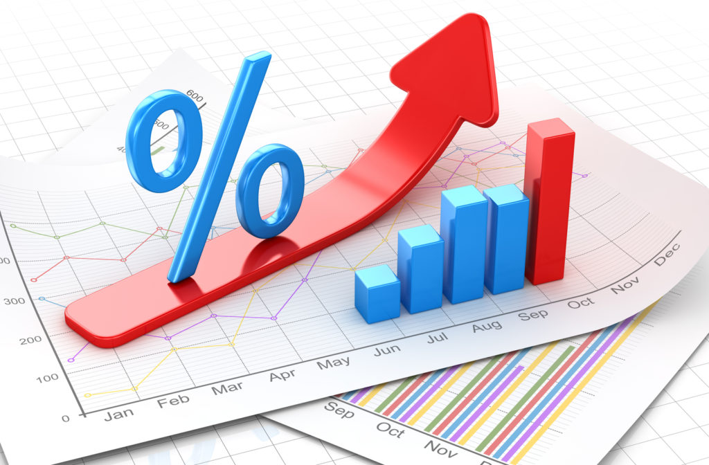 Percent symbol and business chart on financial paper with red symbol going upward to show increase in interest rate