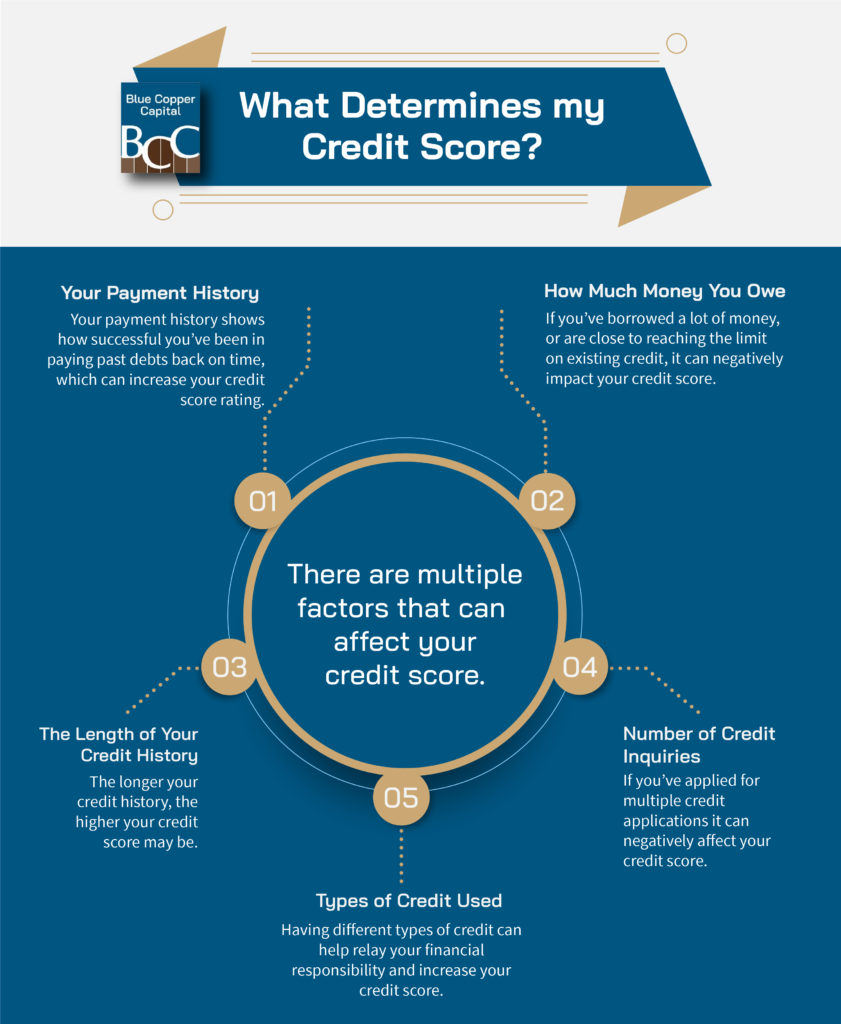 Some factors such as payment history, how much money you owe, length of credit history, and number of credit inquiries can effect your credit score. 