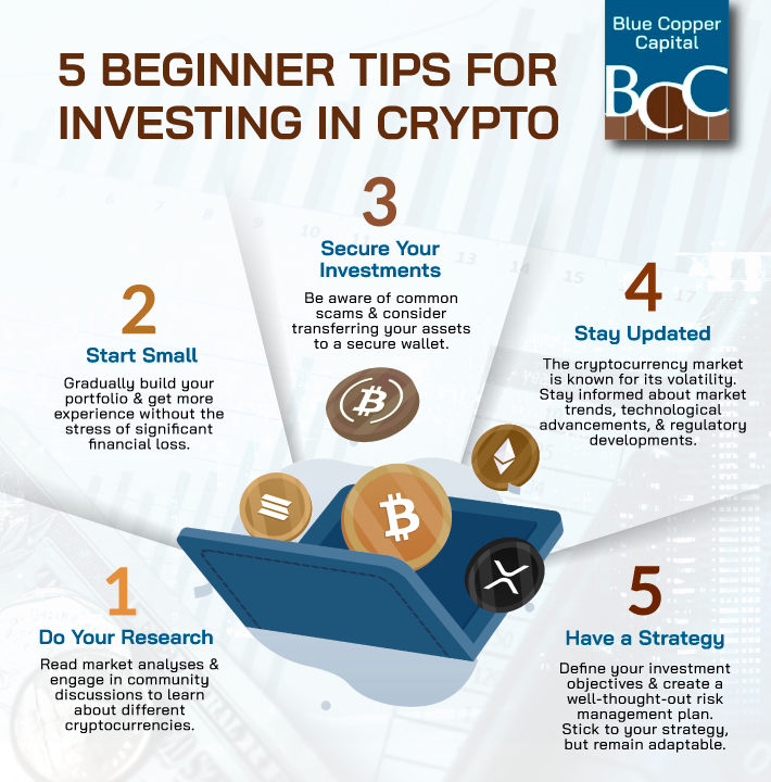 An infographic with 5 tips for beginners looking to invest in crypto