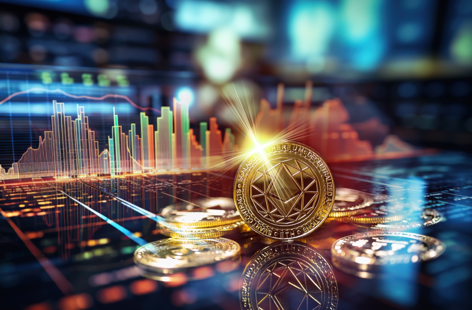 Digitally generated image of a shining gold Ethereum coin on a trading business chart background.