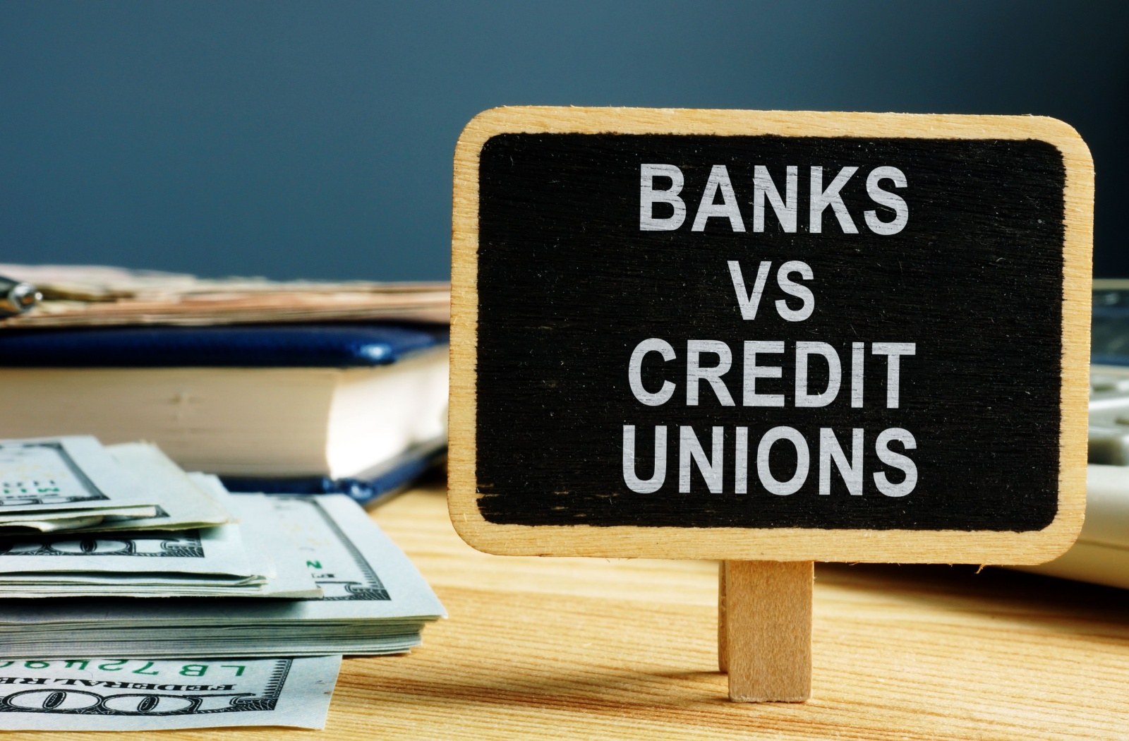 A sign that reads "Banks vs Credit Unions) sitting on a desk.