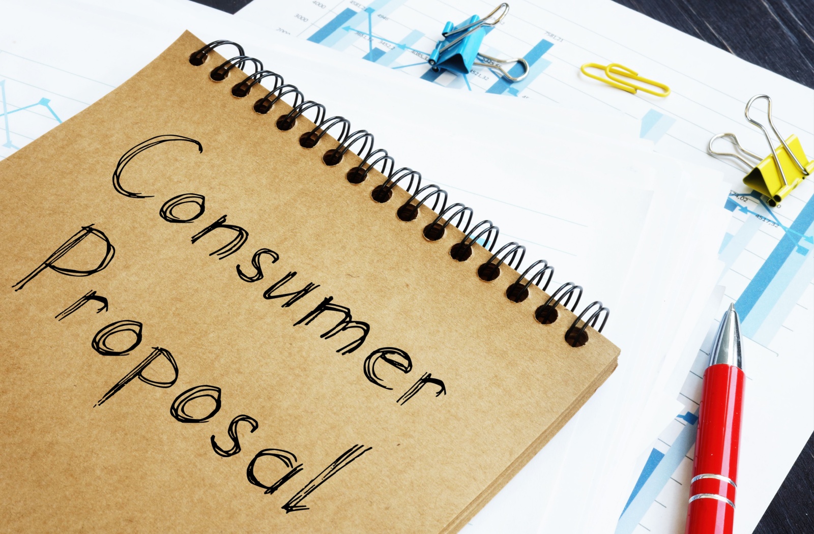 "Consumer proposal" written in pen on a notebook that lies over a spread of papers.