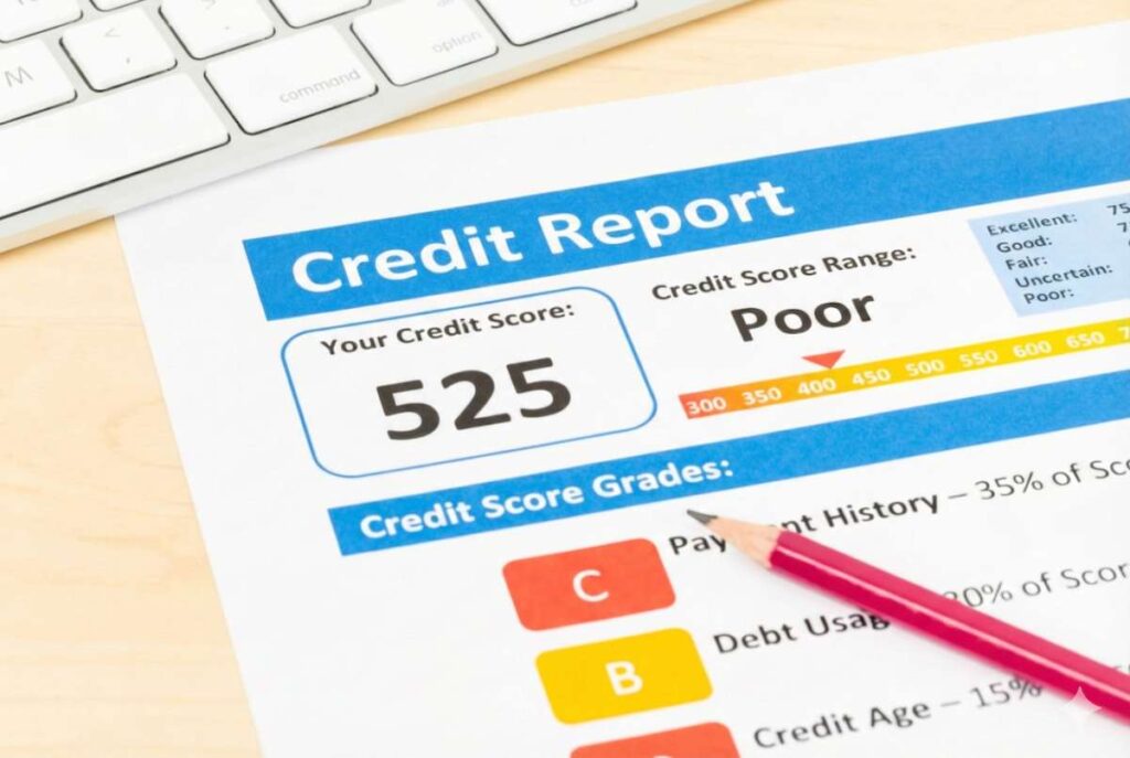 A credit report document showing a credit score of 525 labeled as Poor, with a color scale indicating credit score ranges and a section detailing credit score grades. A red pencil rests on the page, and part of a computer keyboard is visible in the background.