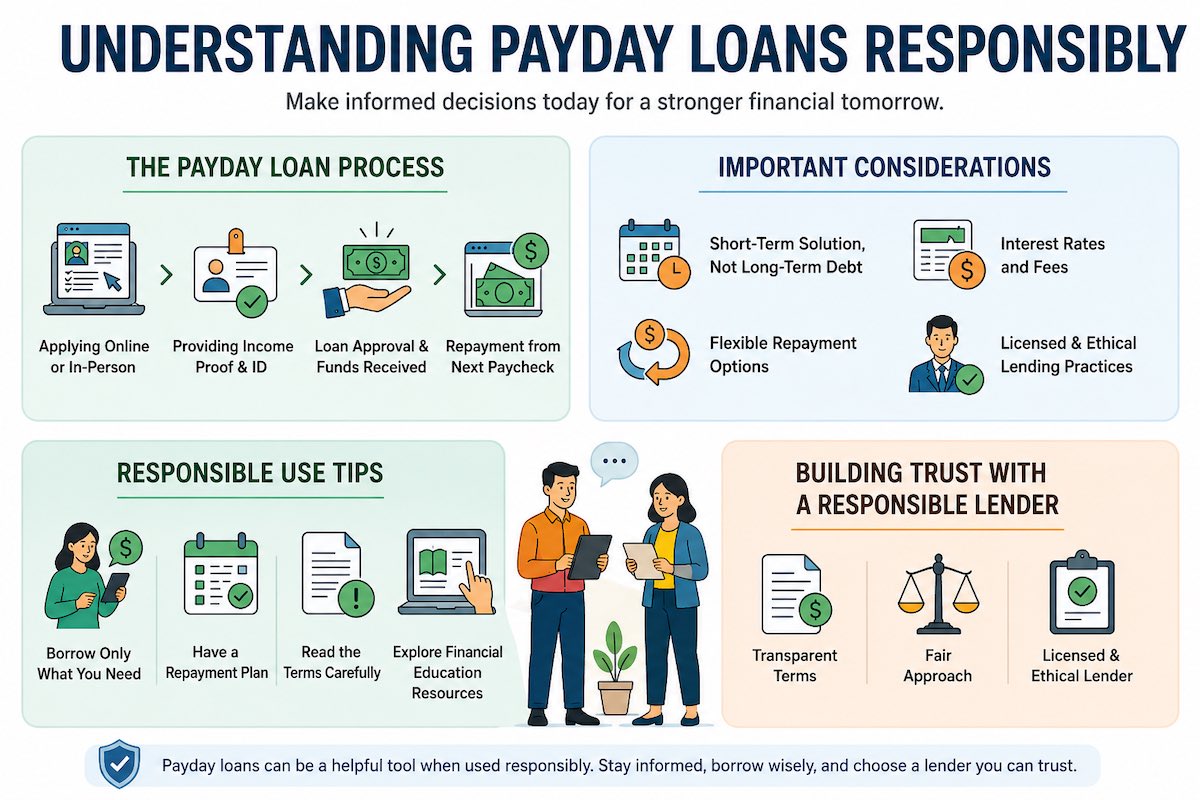 An educational infographic from Blue Copper Capital titled Understanding Payday Loans Responsibly. It features four distinct sections: The Payday Loan Process, which shows applying, providing ID, receiving funds, and repayment; Important Considerations, which highlights that loans are short-term solutions and stresses interest rates and ethical practices; Responsible Use Tips, which advises borrowing only what is needed, having a plan, reading terms, and using resources; and Building Trust with a Responsible Lender, which emphasizes transparency, fairness, and being a licensed lender in Alberta and BC.