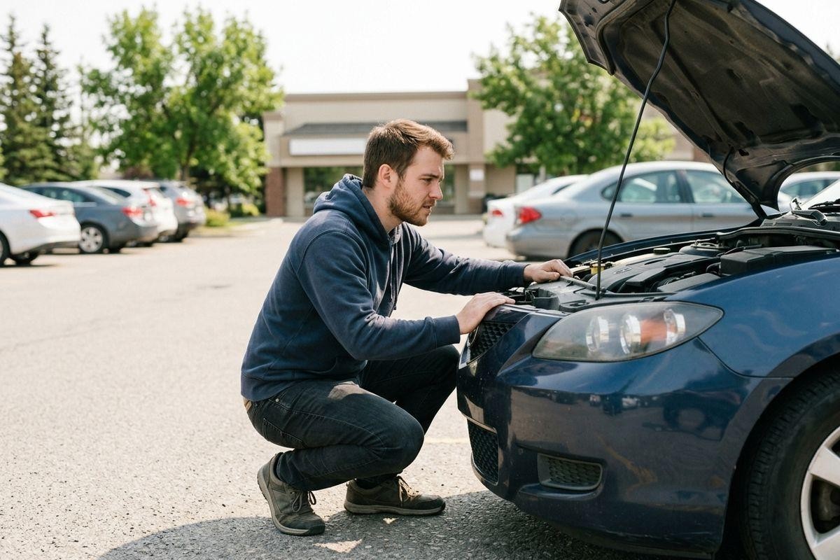 Adult crouching in a parking lot, inspecting the open engine hood of a blue car on a sunny day.