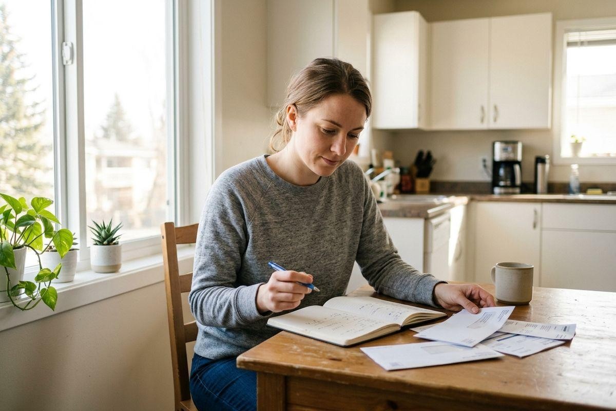 Adult reviewing documents and writing notes at a wooden kitchen table with a coffee mug, notebook, and papers nearby.