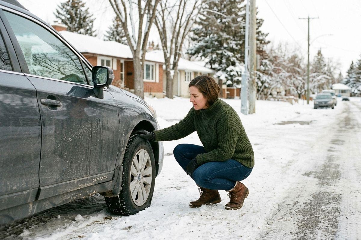 Person in green sweater crouching to inspect a car tire on a snowy residential street.