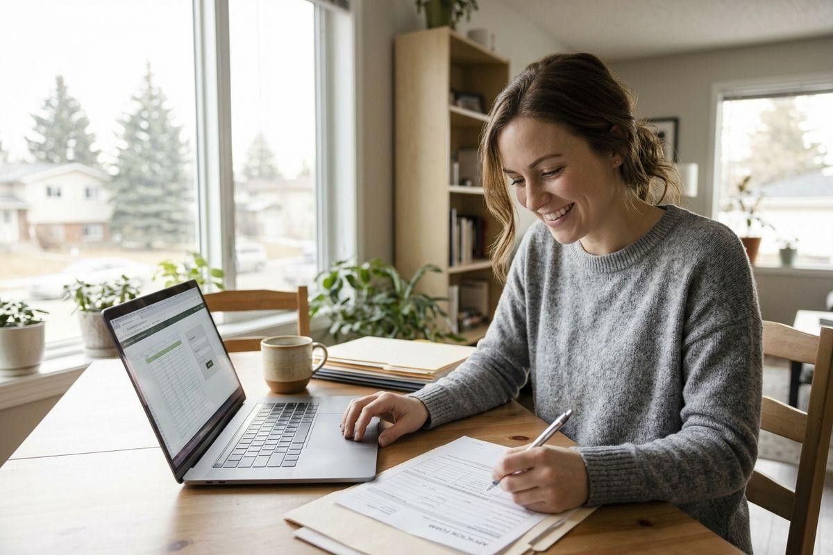 Smiling person filling out a paper form with a pen at a table beside a laptop and coffee mug near a window.