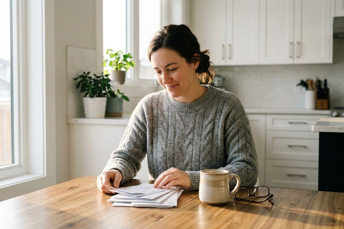 Person in gray sweater smiling while sorting papers at a wooden kitchen table with a mug and glasses.