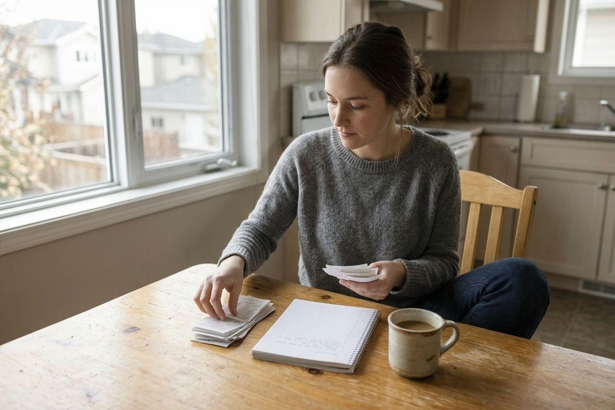 Person sorting through receipts at a kitchen table with a notebook and mug of coffee, looking focused.