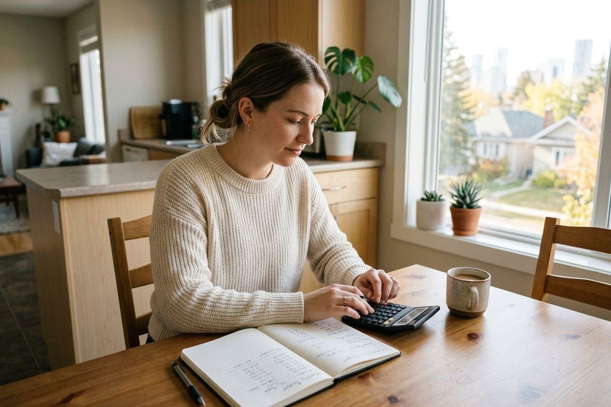 Person using a calculator at a kitchen table with an open notebook and coffee mug, near a window.